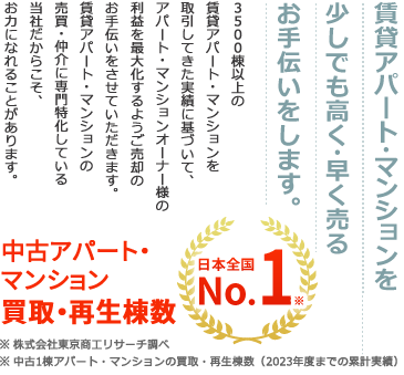 賃貸アパート・マンション売却.COM｜お問合せ・資料請求はこちら｜賃貸アパート・マンションを少しでも高く・早く売るお手伝いをします。