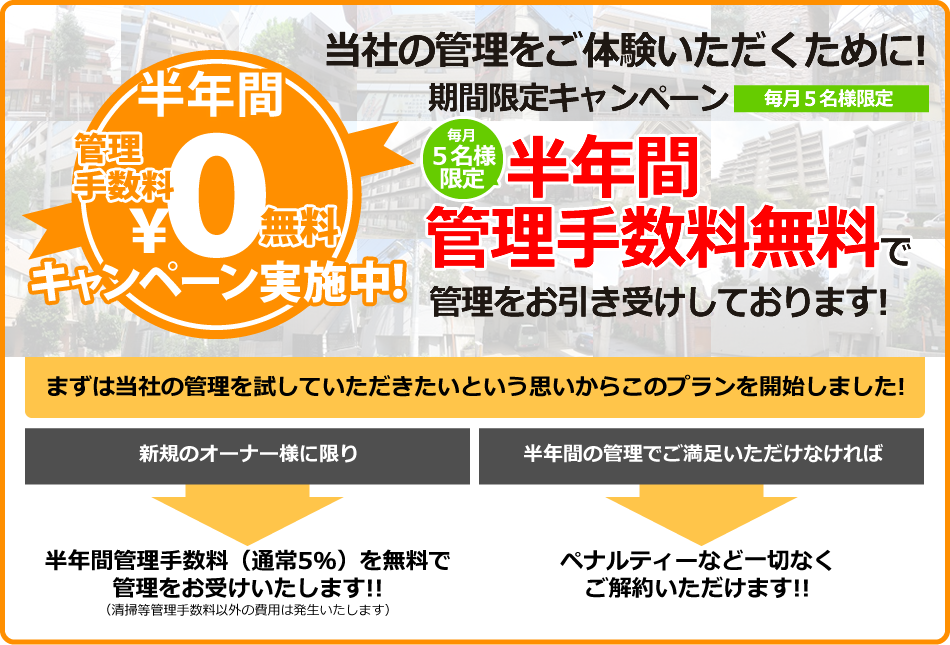 当社の管理をご体験いただくために！期間限定キャンペーン　半年間管理手数料無料で管理をお引き受けしております！