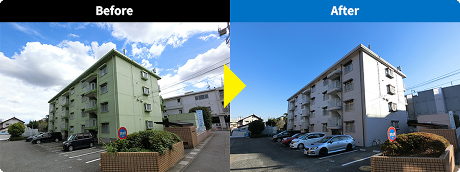 施工前後の比較。Beforeは外壁が劣化した一棟マンション、Afterは外壁を再生した同じ物件