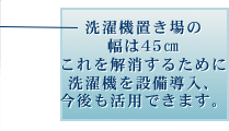 洗濯機置き場の幅は45cmこれを解消するために洗濯機を設備導入、今後も活用できます。